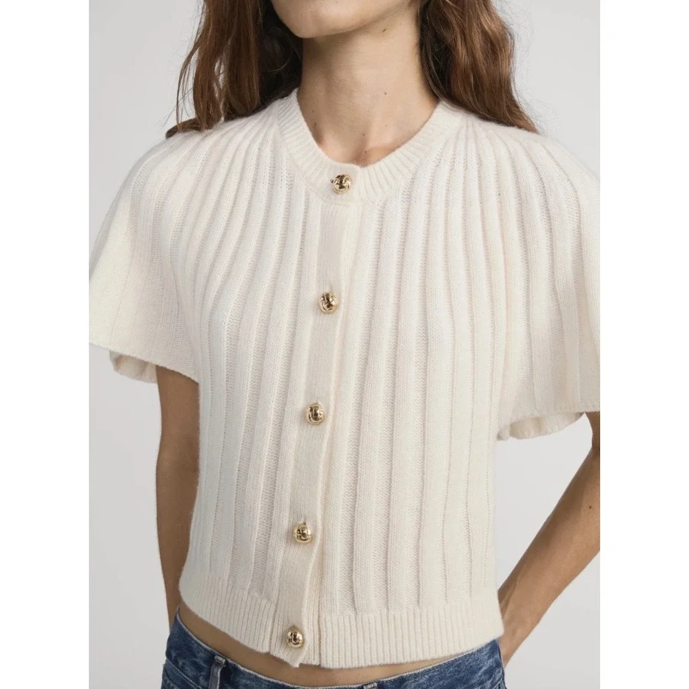 FRAME The Flutter Cardi Cream Ribbed Short Sleeve Gold Button Cardigan Sweater L